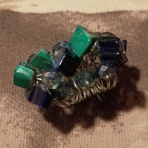 Spiral Ring Silver-tone with Festive Color Stones and Faceted Glass Beads.